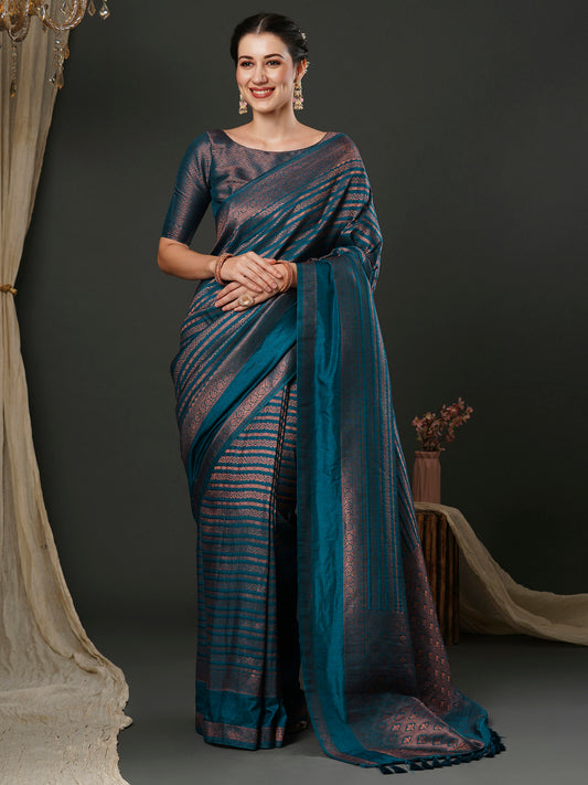 Women's Silk Blend Blue Woven Design Designer Saree With Blouse Piece
