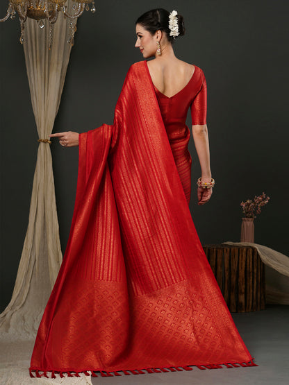 Women's Silk Blend Red Woven Design Designer Saree With Blouse Piece