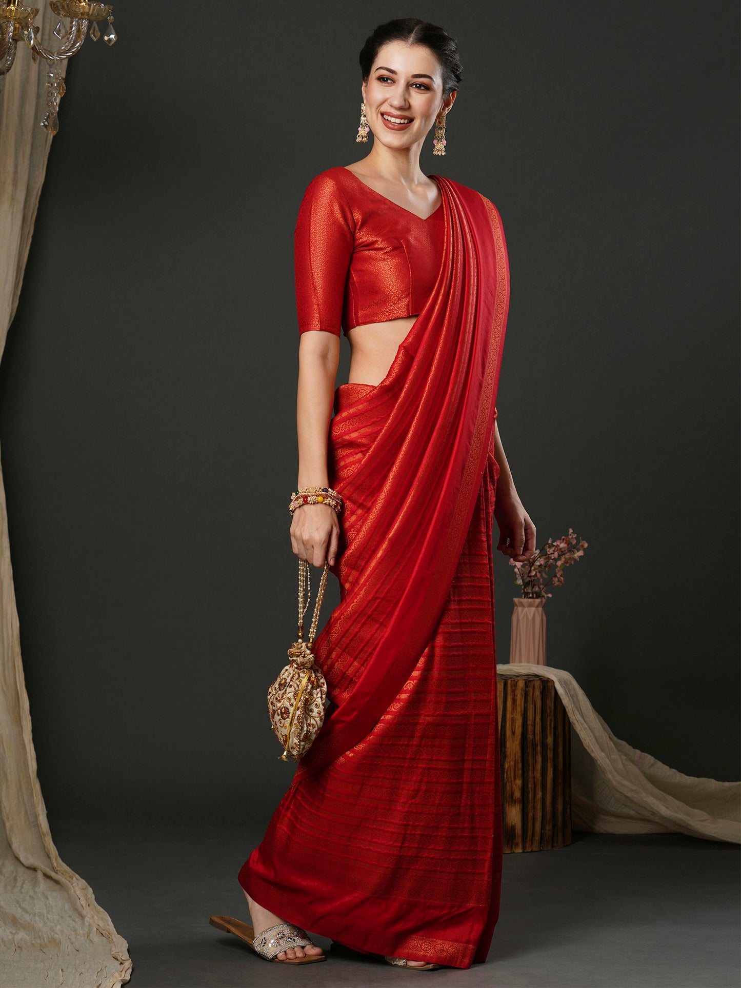 Women's Silk Blend Red Woven Design Designer Saree With Blouse Piece