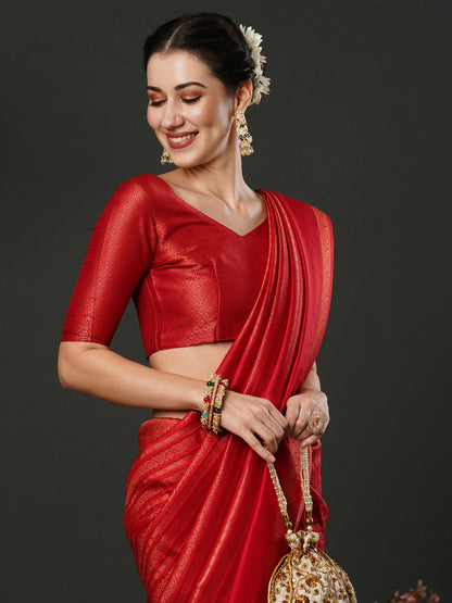 Women's Silk Blend Red Woven Design Designer Saree With Blouse Piece