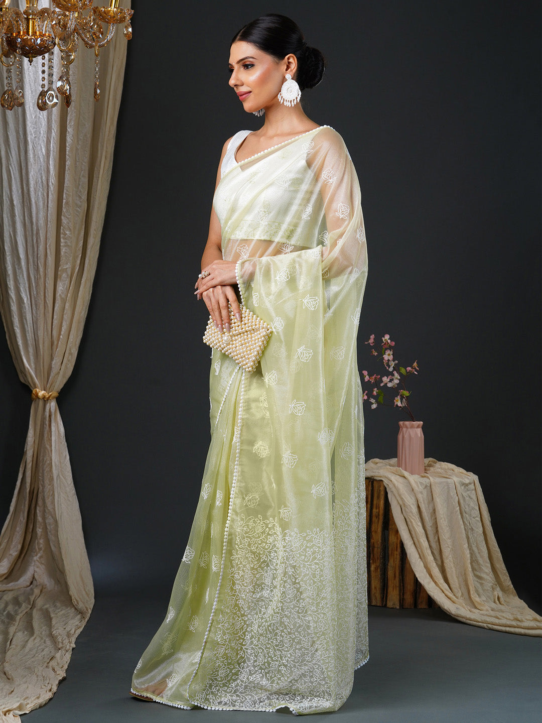 Women's Organza White Embroidered Designer Saree With Blouse Piece
