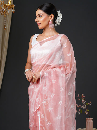 Women's Organza White Embroidered Designer Saree With Blouse Piece