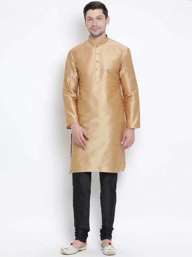 Men's Gold Silk Blend Straight Kurta Pyjama Set