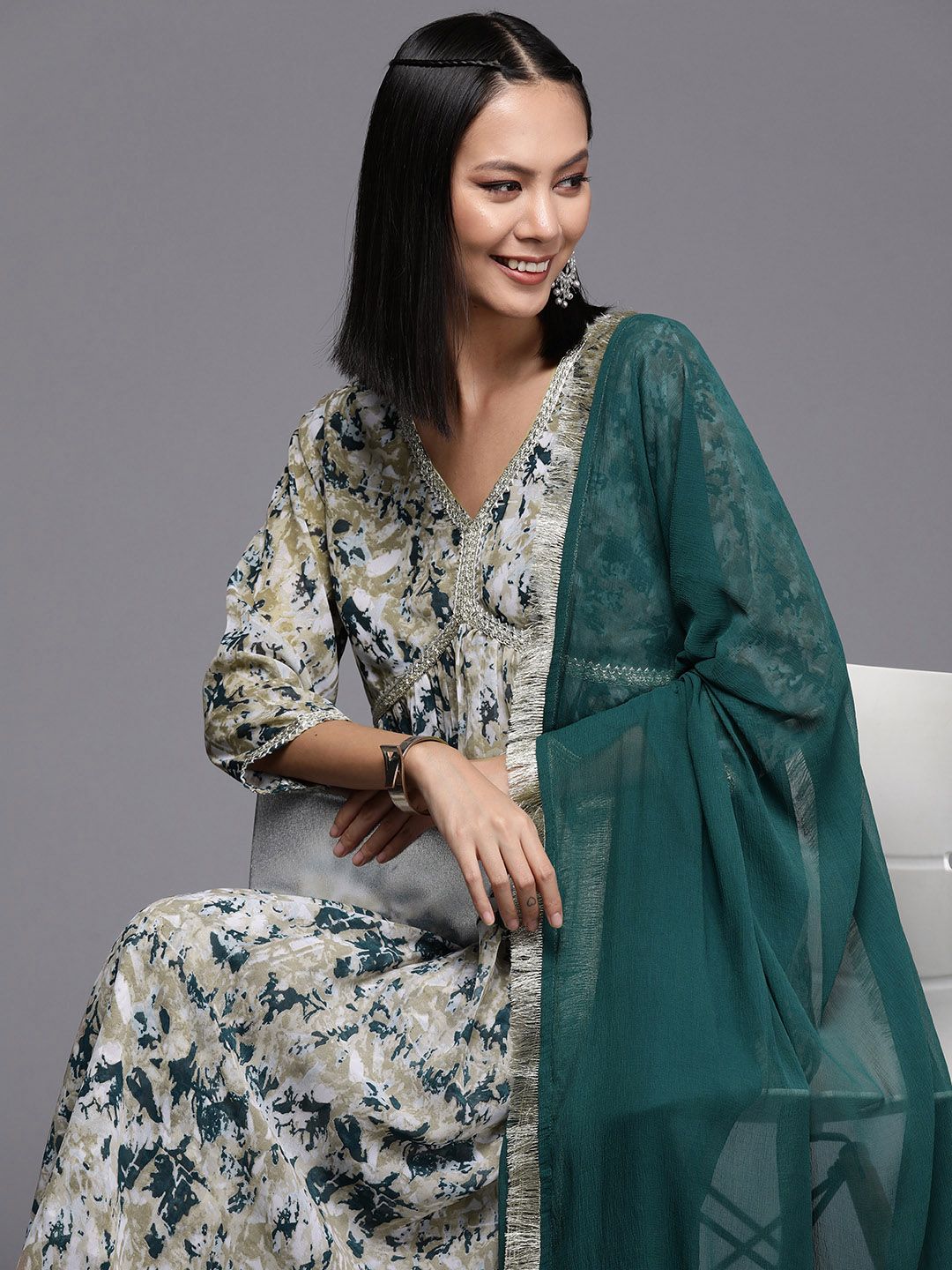 Dhiyona VA Women'sBeige Abstract Printed Empire Thread Work Silk Georgette Kurta & Trouser & Dupatta