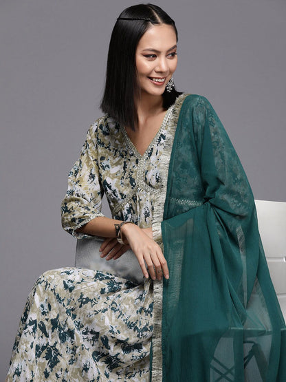 Dhiyona VA Women'sBeige Abstract Printed Empire Thread Work Silk Georgette Kurta & Trouser & Dupatta