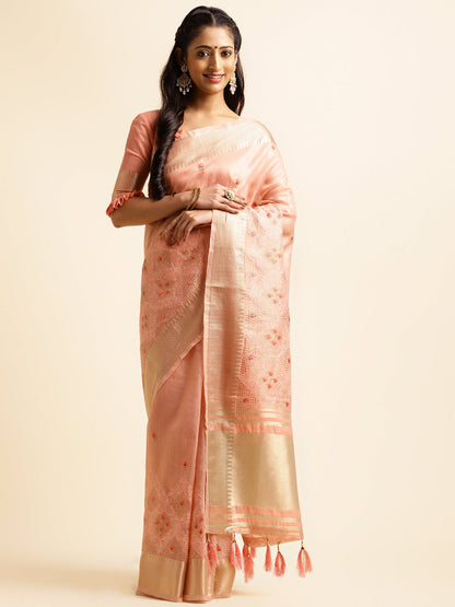 Dhiyona GR Women's Savi Peach Cotton Khadi Silk Saree