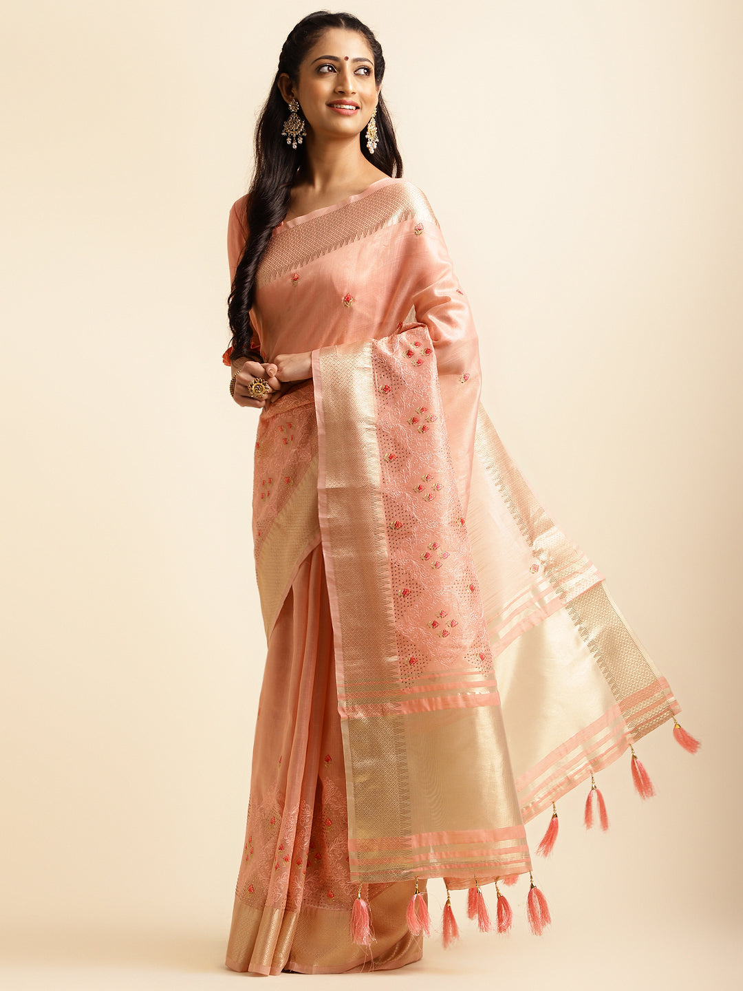 Dhiyona GR Women's Savi Peach Cotton Khadi Silk Saree