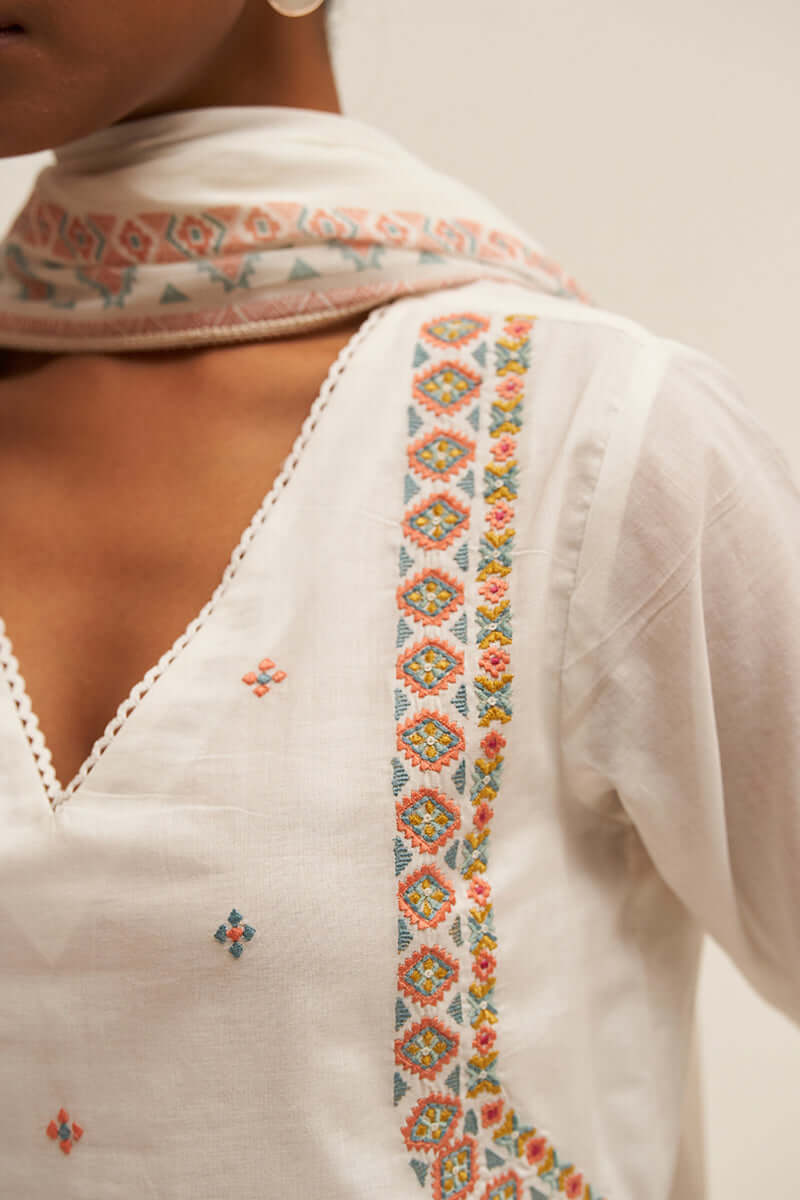Women's White Embroidered Cotton Salwar Suit
