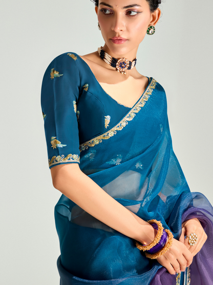 Dhiyona KM Women Navy Blue Shade Organza Saree