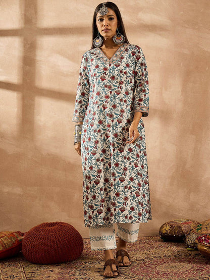 Dhiyona IE Women Floral Printed Regular Pure Cotton Kurta with Trousers & With Dupatta