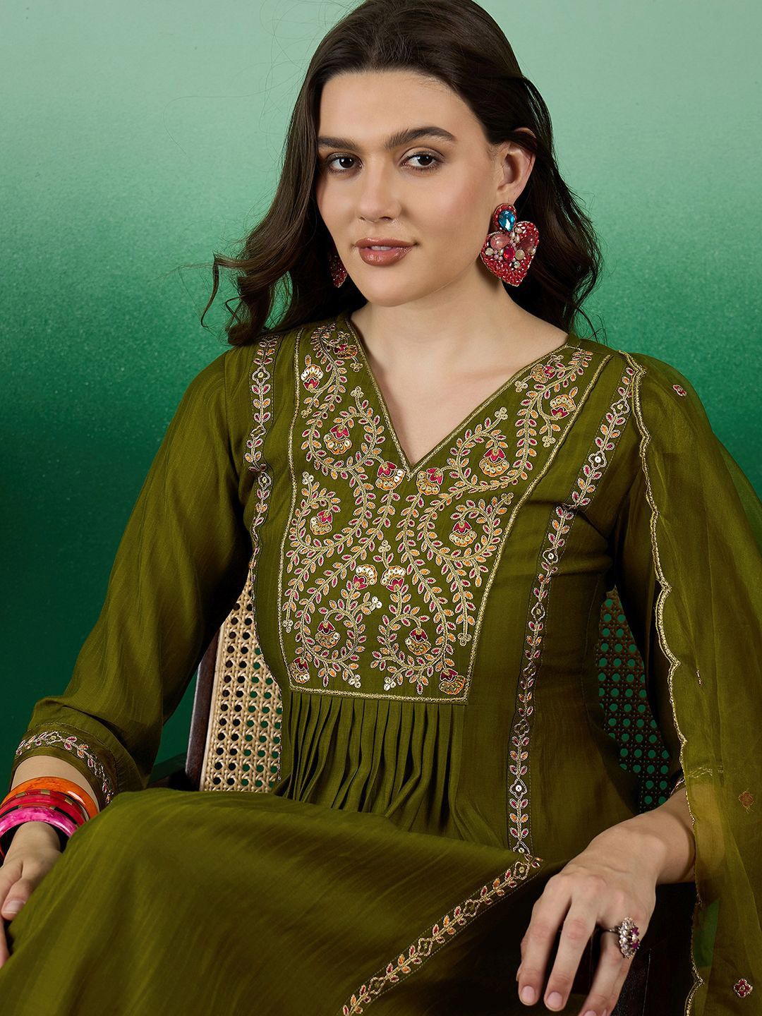 Dhiyona SN Women's Green Yoke Design Thread Work Pleated A-line Kurta With Trouser & Dupatta