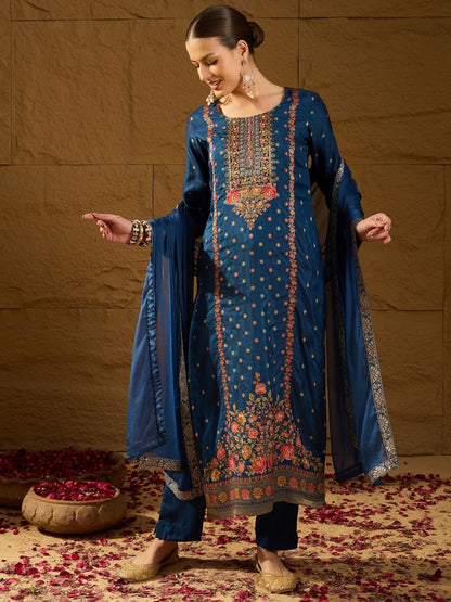 Dhiyona PD Women Floral Woven Design Jacquard Straight Kurta With Trousers And Dupatta