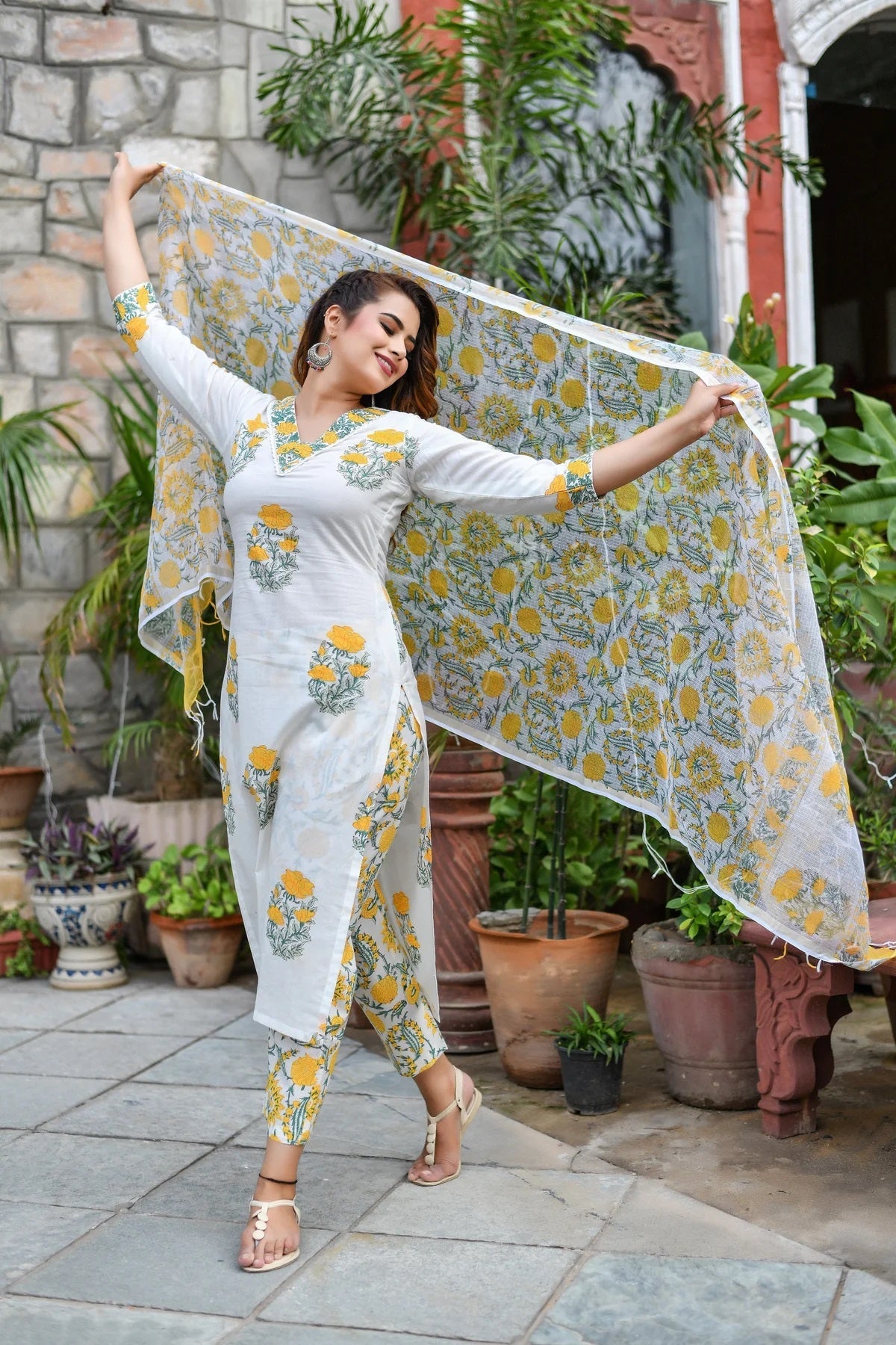 Women White Printed Pure Cotton Kurta, Pant And Dupatta Set