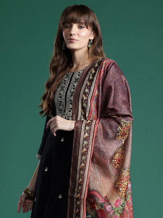 Dhiyona IE Ethnic Motifs Zari Embroidered Liva Kurta With Trousers & Dupatta