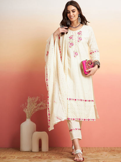Dhiyona SN Women's Pure Cotton Floral Embroidered Straight Kurta With Trousers & Dupatta