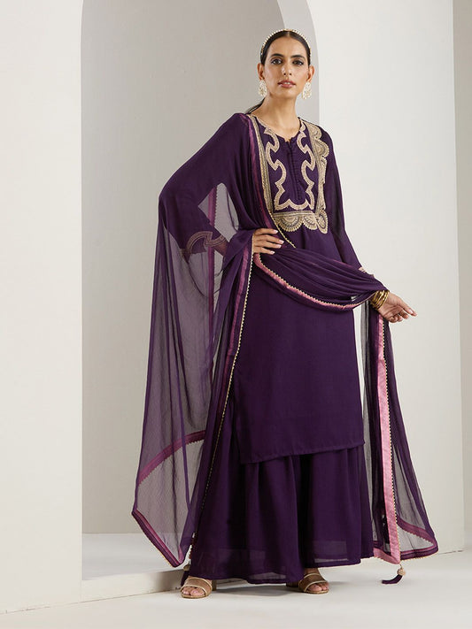 Dhiyona IS Women's Purple Ethnic Motifs Embroidered Chinon Straight Kurta With Sharara & Dupatta
