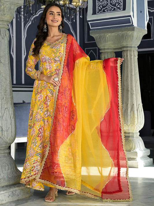 Dhiyona KL Floral Printed Thread Work Anarkali Kurta & Trousers With Dupatta