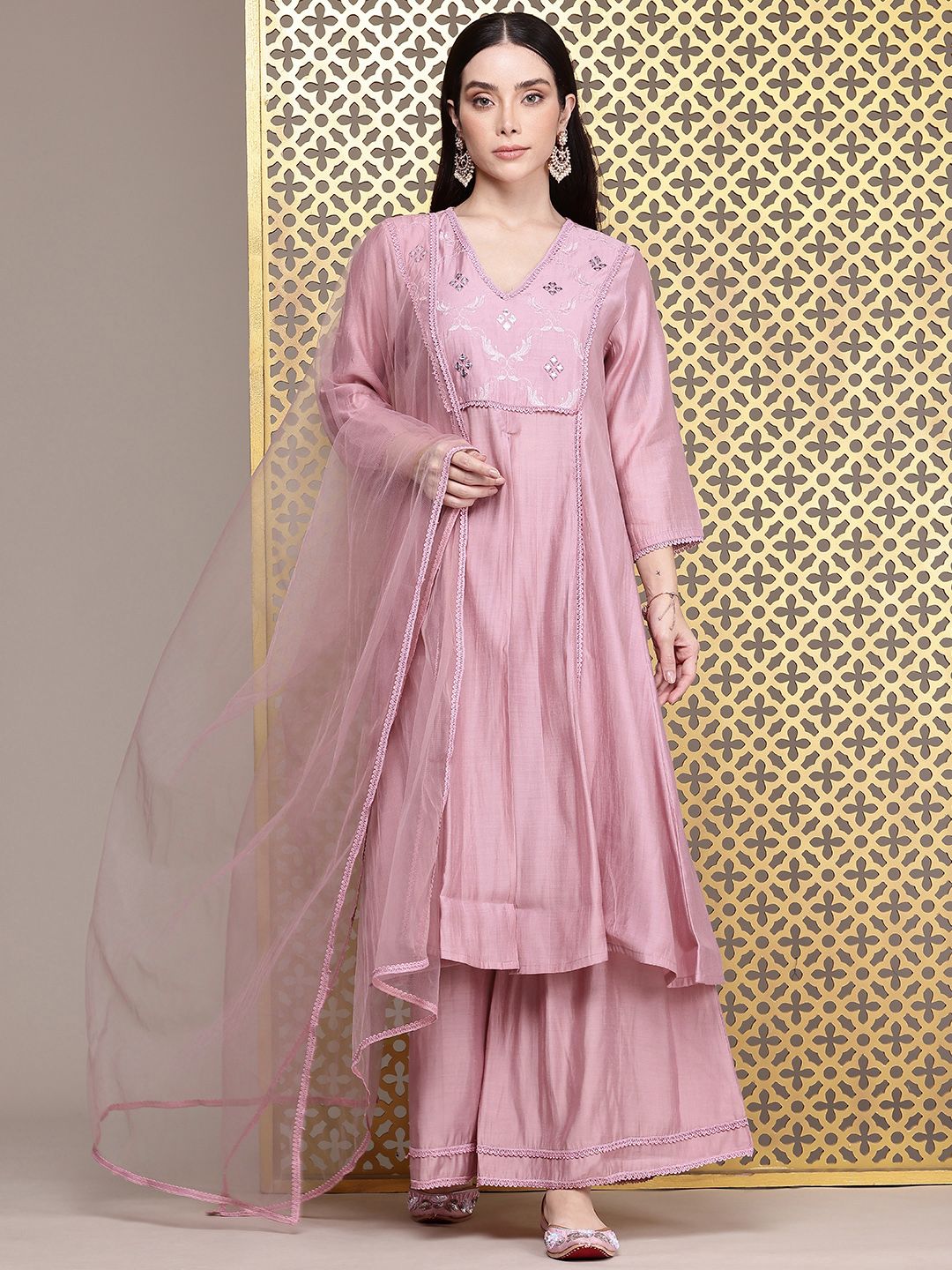 Dhiyona PD Women Jashn Yoke Design Embroidered Thread Work Kurta with Palazzos & Dupatta