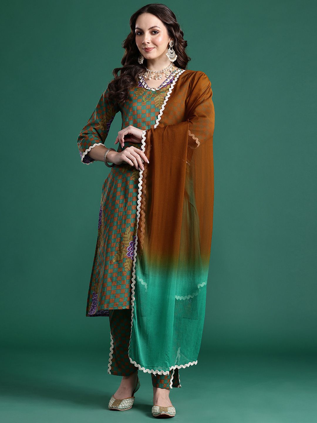 Printed Regular Beads and Stones Pure Cotton Kurta with Trousers & Dupatta