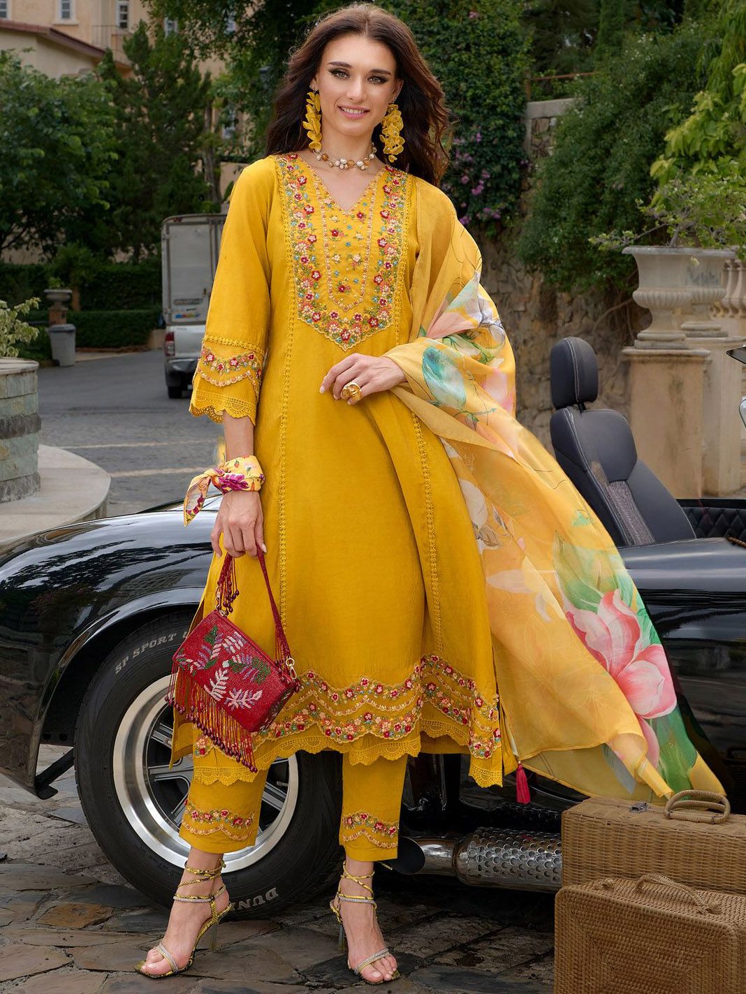 Floral Embroidered Thread Work Kurta With Trousers & Dupatta