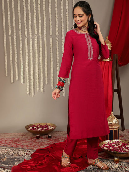 Dhiyona VA Women'sThread Work Detail Straight Kurta & Trousers With Dupatta