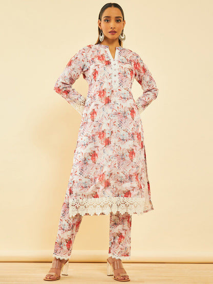 Dhiyona SO Women's Floral Printed Mandarin Collar Three-Quarter Sleeves Kurta with Trousers