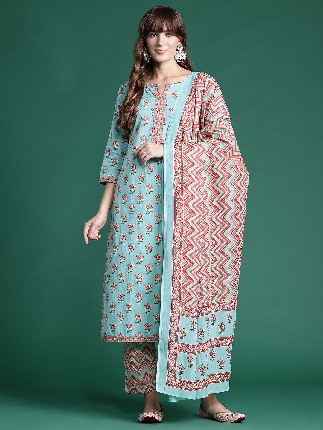 Dhiyona IE Floral Printed Pure Cotton Kurta With Trousers & Dupatta