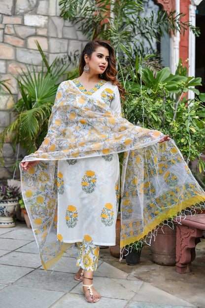 Women White Printed Pure Cotton Kurta, Pant And Dupatta Set