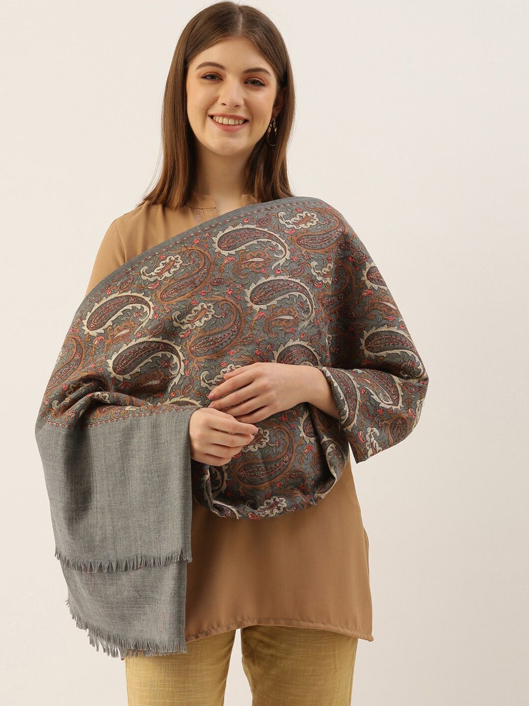 Dhiyona PA Women Grey Melange & Brown Embroidered Woolen Shawl
