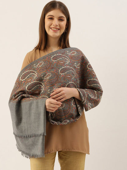 Dhiyona PA Women Grey Melange & Brown Embroidered Woolen Shawl