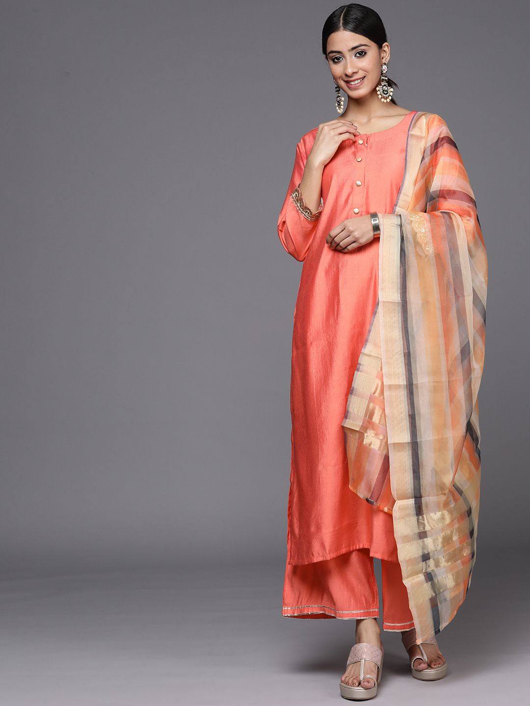 Floral Printed Sequinned Pure Cotton Kurta with Palazzos & With Dupatta