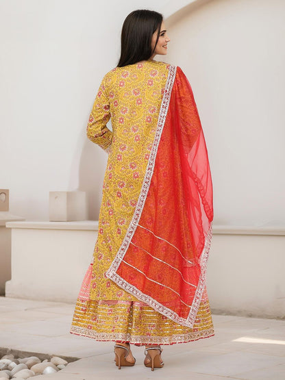 Dhiyona IS Women's Floral Printed Pure Cotton Anarkali Kurta With Sharara & Dupatta