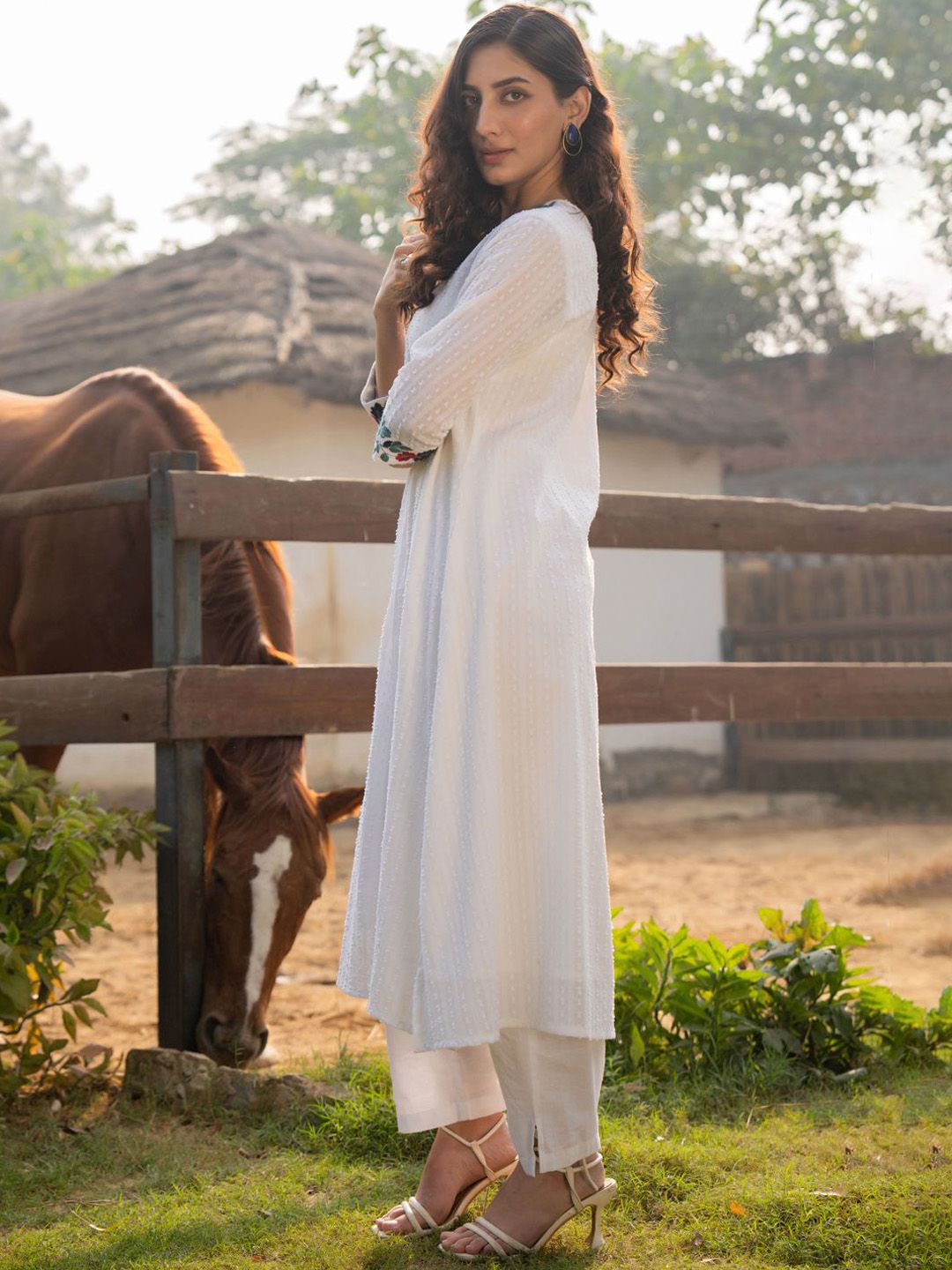 Dhiyona IE Floral Embroidered V-Neck A-Line Pure Cotton Kurta WIth Trousers