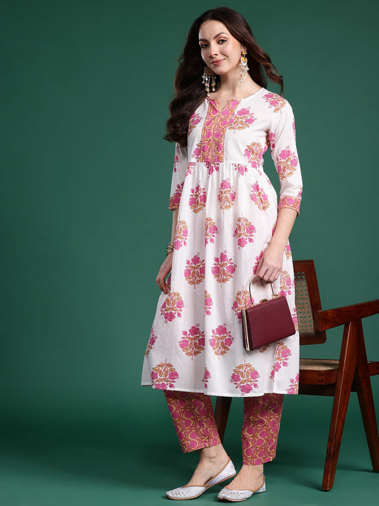 Dhiyona IE Floral Printed Pure Cotton Kurta with Trousers