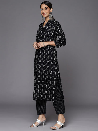 Dhiyona VA Women's Black Floral Printed Gotta Patti Pure Cotton Kurta with Trousers