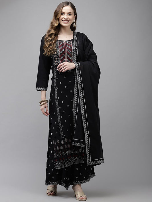Dhiyona IS Women's Women Black Floral Embroidered Regular Kurta with Palazzos & With Dupatta