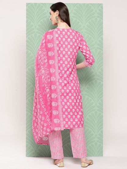 Dhiyona IE Women Floral Printed Regular Gotta Patti Cotton Kurta with Trousers & Dupatta