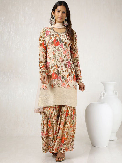Dhiyona SO Women's Floral Printed Straight Kurta with Sharara & Dupatta