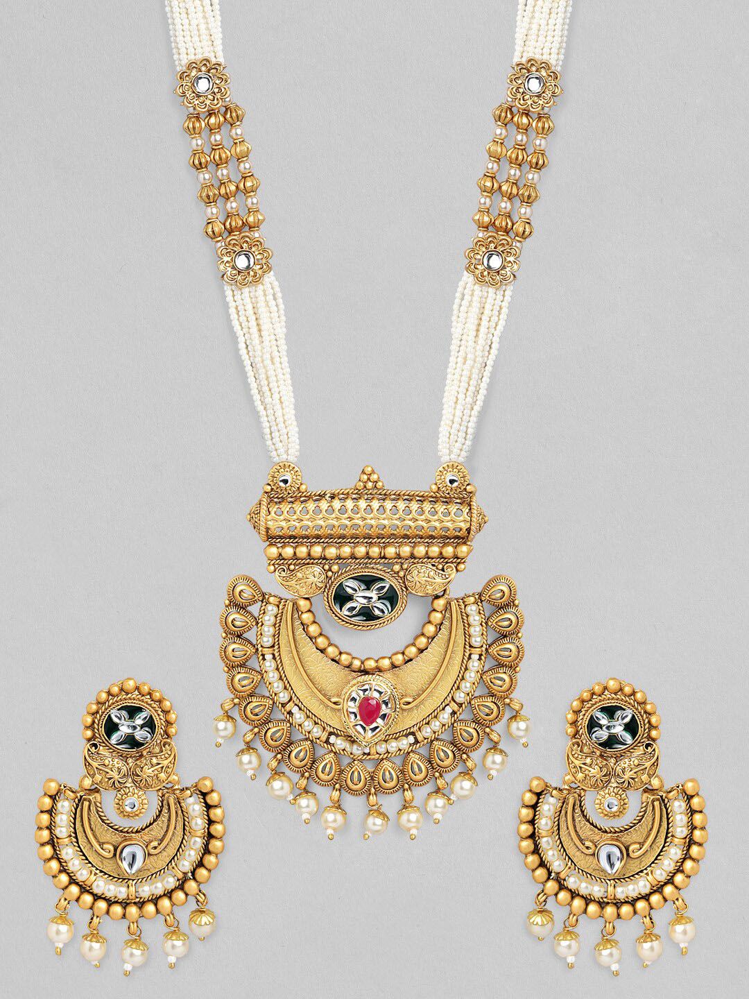Dhiyona RJ Women's Gold-Plated White & Pink Kundan-Studded & Beaded Handcrafted Jewellery Set