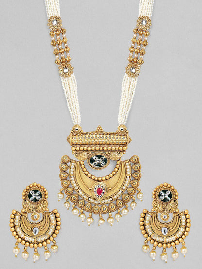 Dhiyona RJ Women's Gold-Plated White & Pink Kundan-Studded & Beaded Handcrafted Jewellery Set
