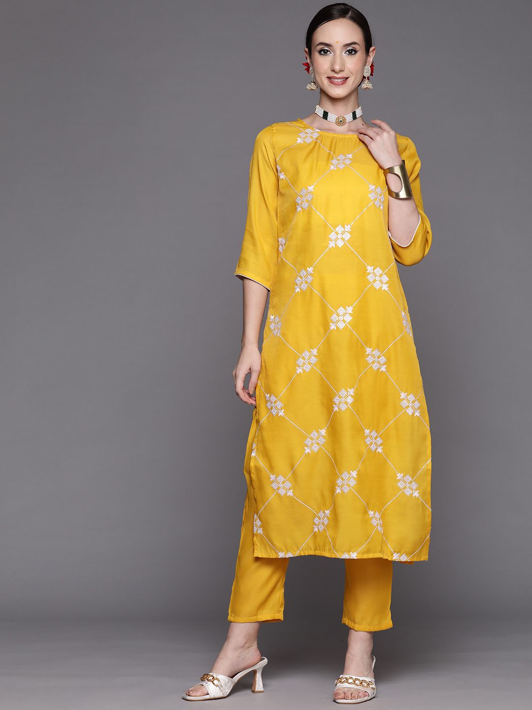Dhiyona IE Women Mustard Yellow & White Embroidered Sequinned Kurta with Trousers