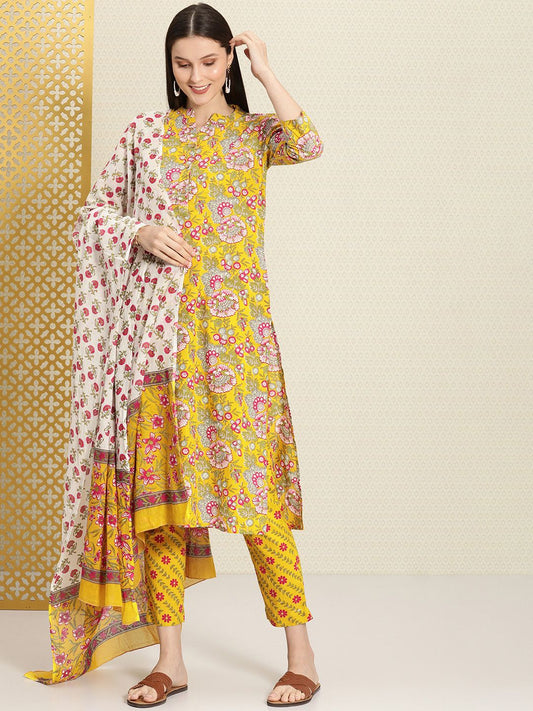 Dhiyona PD Women Women Mustard Yellow Printed Rozana Kurta with Trousers & With Dupatta