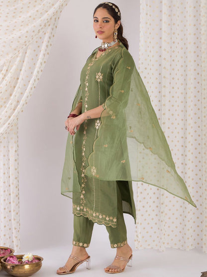 Dhiyona IE Floral Embroidered Zari Straight Kurta with Trousers & With Dupatta