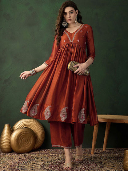 Dhiyona SN Women's Rust Brown Floral Embroidered Empire Anarkali Kurta With Palazzos