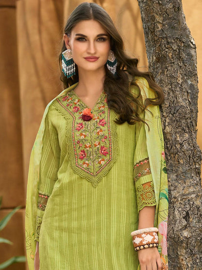 Dhiyona IE Women Floral Regular Thread Work Linen Kurta with Trousers & With Dupatta