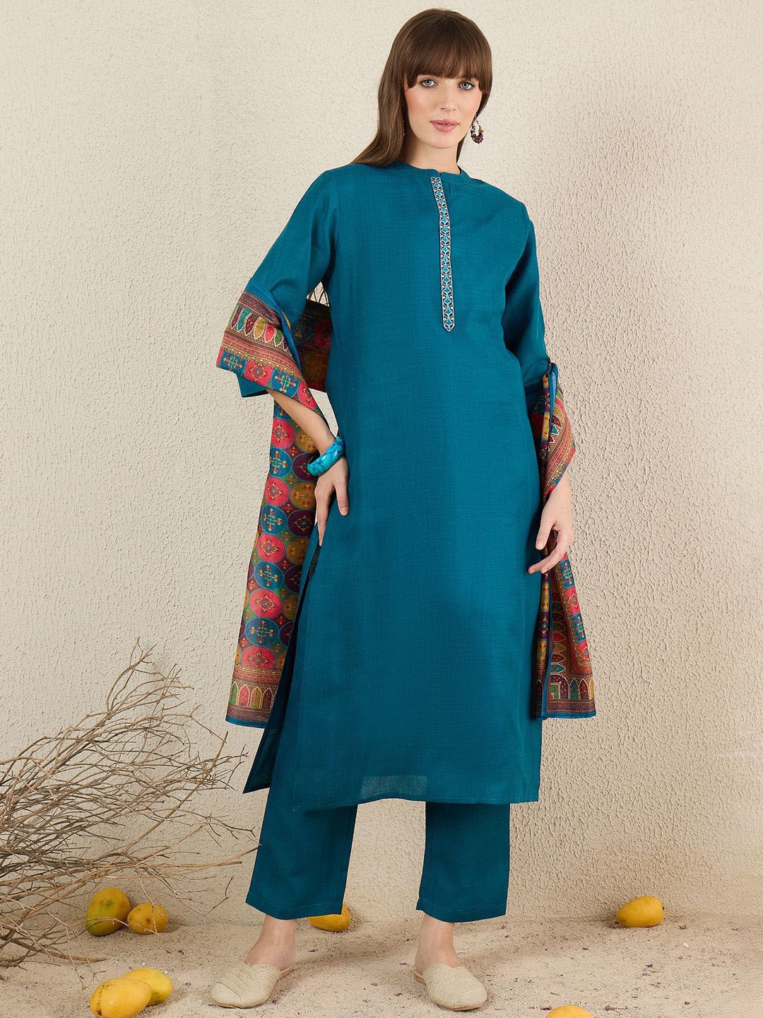 Dhiyona IE Women Solid Embroidered Kurta with Trousers & Dupatta