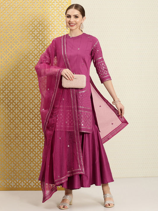 Dhiyona PD Women Women Floral Embroidered Sequinned Jashn Kurta with Sharara & Dupatta