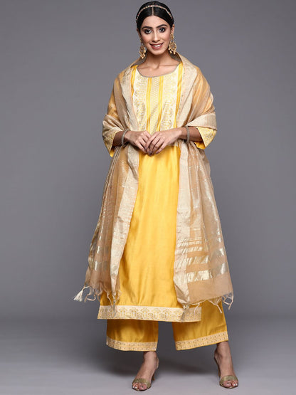 Women Yellow Printed Liva Kurta with Palazzos & With Dupatta