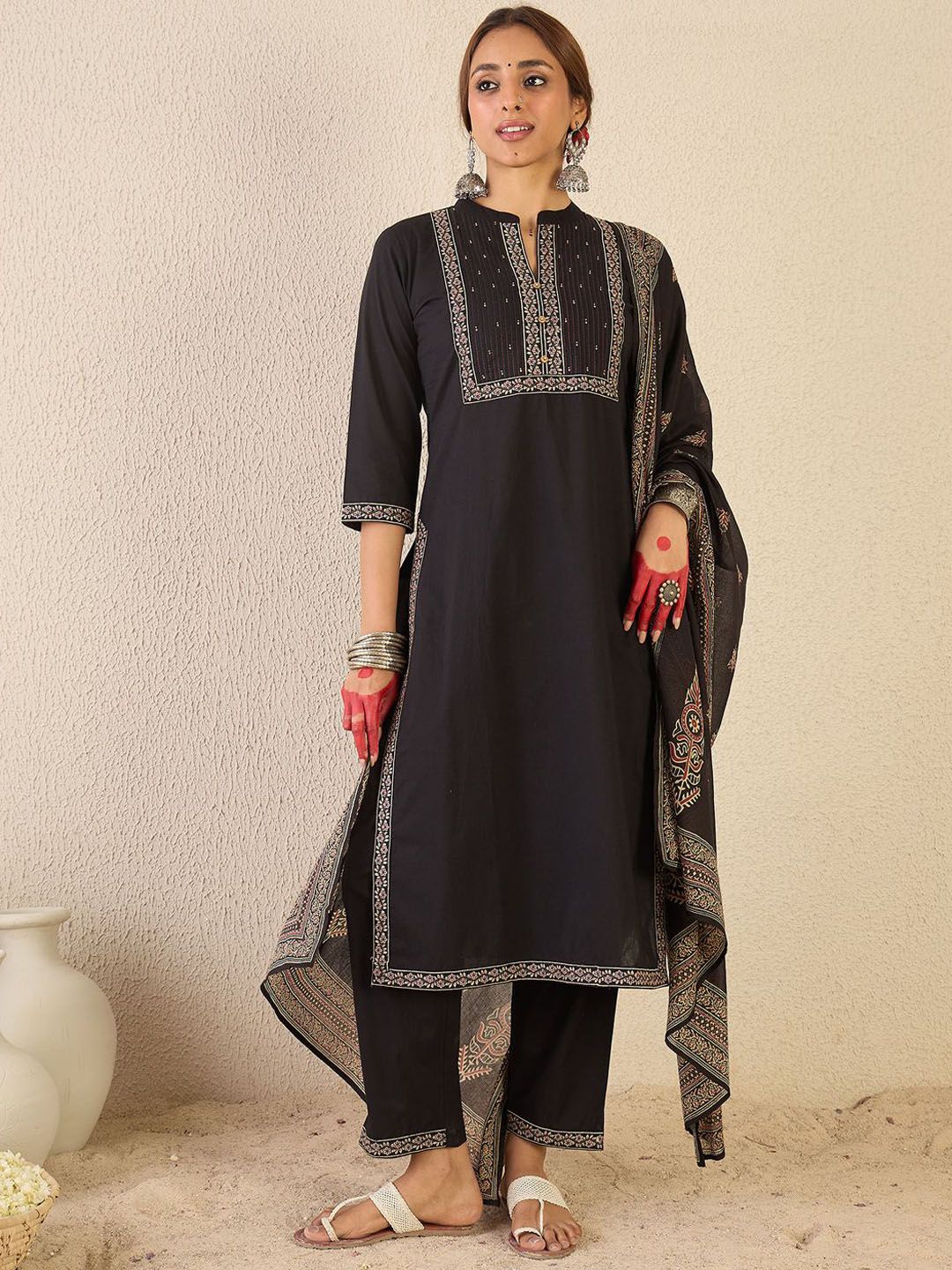 Dhiyona IE Women Ethnic Motifs Printed Mirror Work Pure Cotton Kurta with Trousers & Dupatta