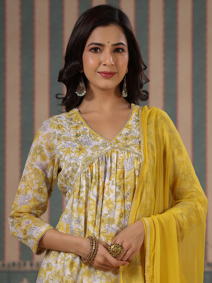 Dhiyona IS Women's Floral Printed V-Neck Empire Pure Cotton A-Line Kurti With Sharara & Dupatta